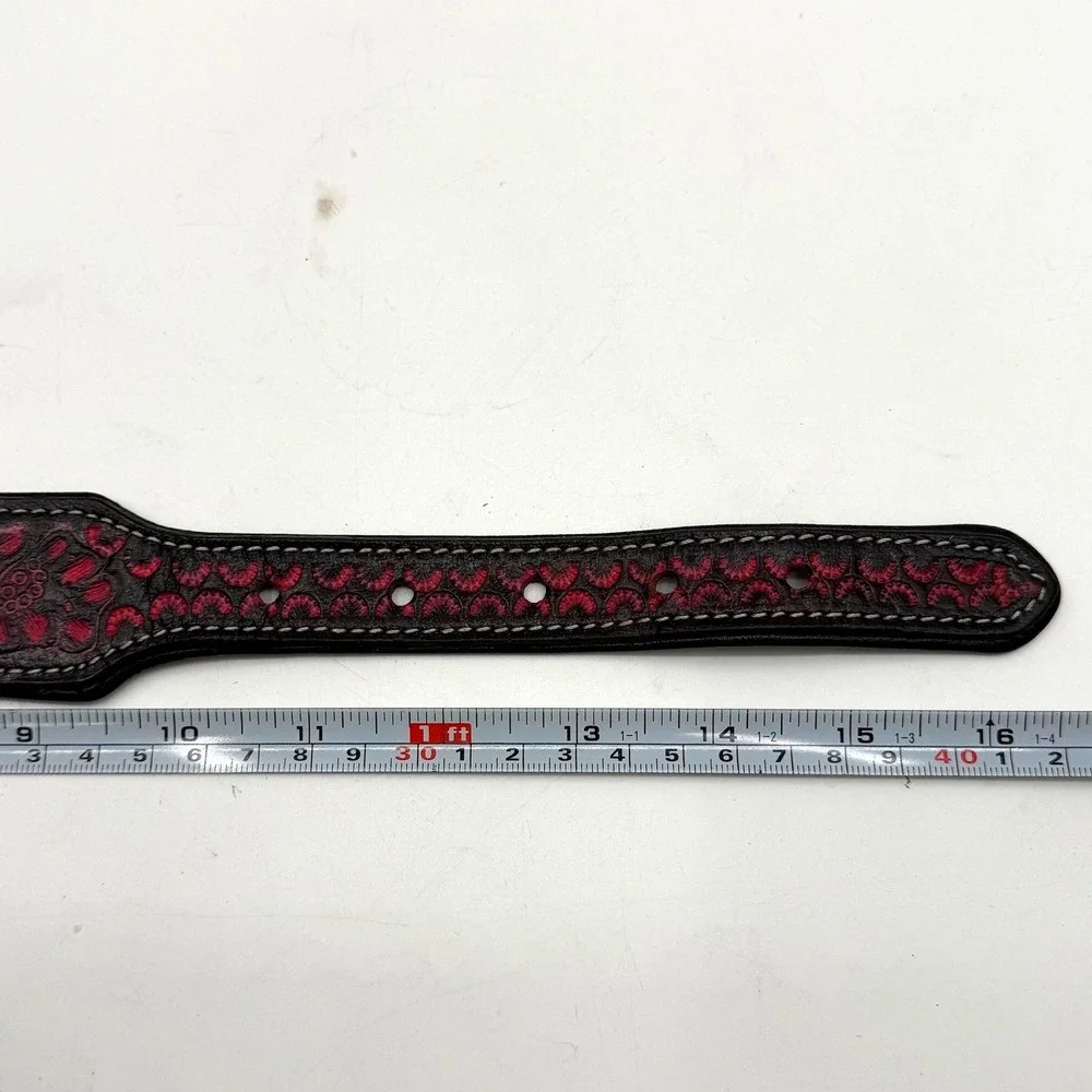 Myra Lucky Diego Tooled Leather Dog Collar Black Red Floral Western Size Small
